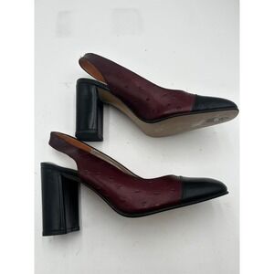 Renetti Slingback Burgundy Ostrich Embossed Leather Block Heel Pumps Spain 6.5M